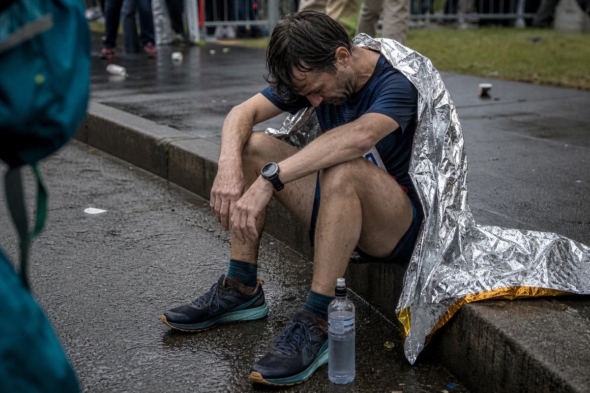 Erschöpfter Läufer sitzt nach einem langen Rennen mit hängendem Kopf auf einer Bordsteinkante, eine Rettungsdecke halb über den Schultern und eine halb leere Trinkflasche am Fuß