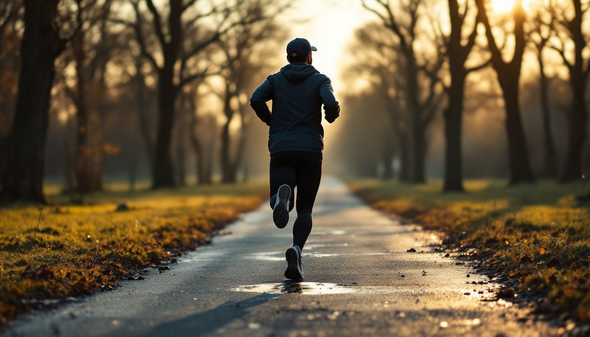Einzelner Läufer von hinten startet eine lockere Lauf-Geh-Einheit auf einem flachen, asphaltierten Parkweg im frühen Morgenlicht
