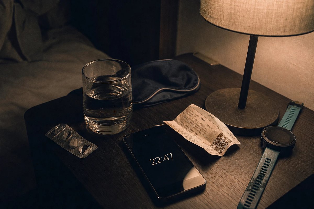 Dunkler Hotel-Nachttisch bei Nacht mit Melatonin-Blister, Wasserglas, zusammengefalteter Schlafmaske, Smartphone mit Uhrzeit 22:47 und GPS-Uhr, warme Nachttischlampe