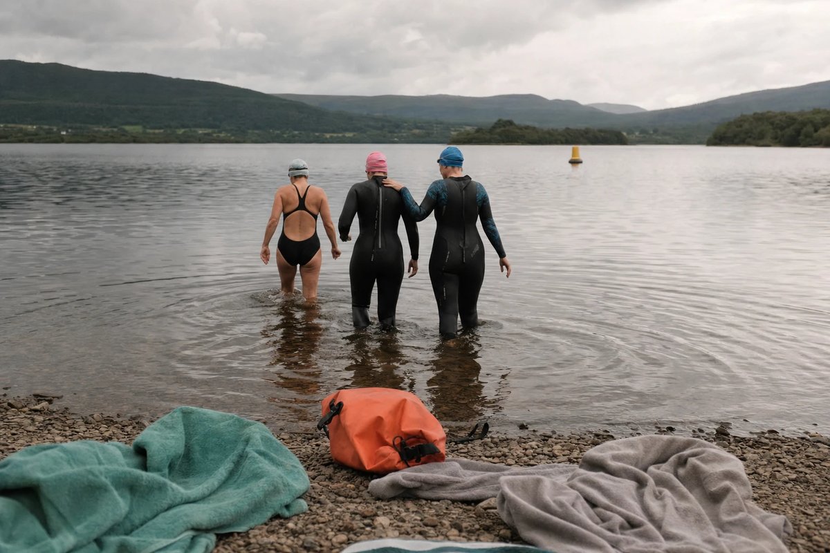 Eine kleine gemischte Gruppe von drei Freiwasserschwimmern in Badekappen und Neoprenanzügen watet gemeinsam und in Ruhe in einen See, am Ufer liegen Handtücher und ein Dry-Bag