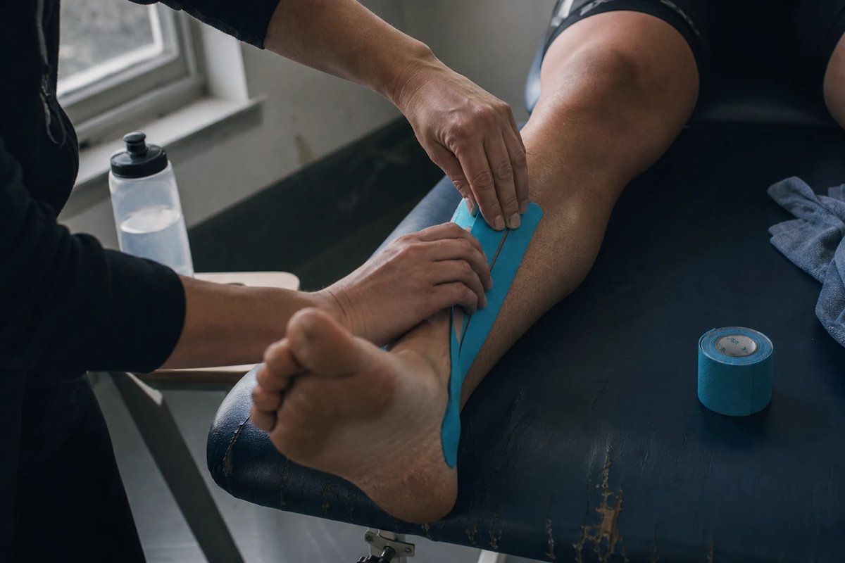 Physiotherapeut klebt Kinesiotape entlang von Schienbein und Knöchel einer Läuferin auf einer abgenutzten Behandlungsliege