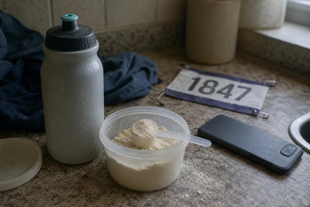 Schlichte Sportflasche auf einer Küchenarbeitsplatte neben einer offenen Dose Kohlenhydratpulver mit Messlöffel, daneben eine Startnummer und ein Smartphone, weiches Morgenlicht
