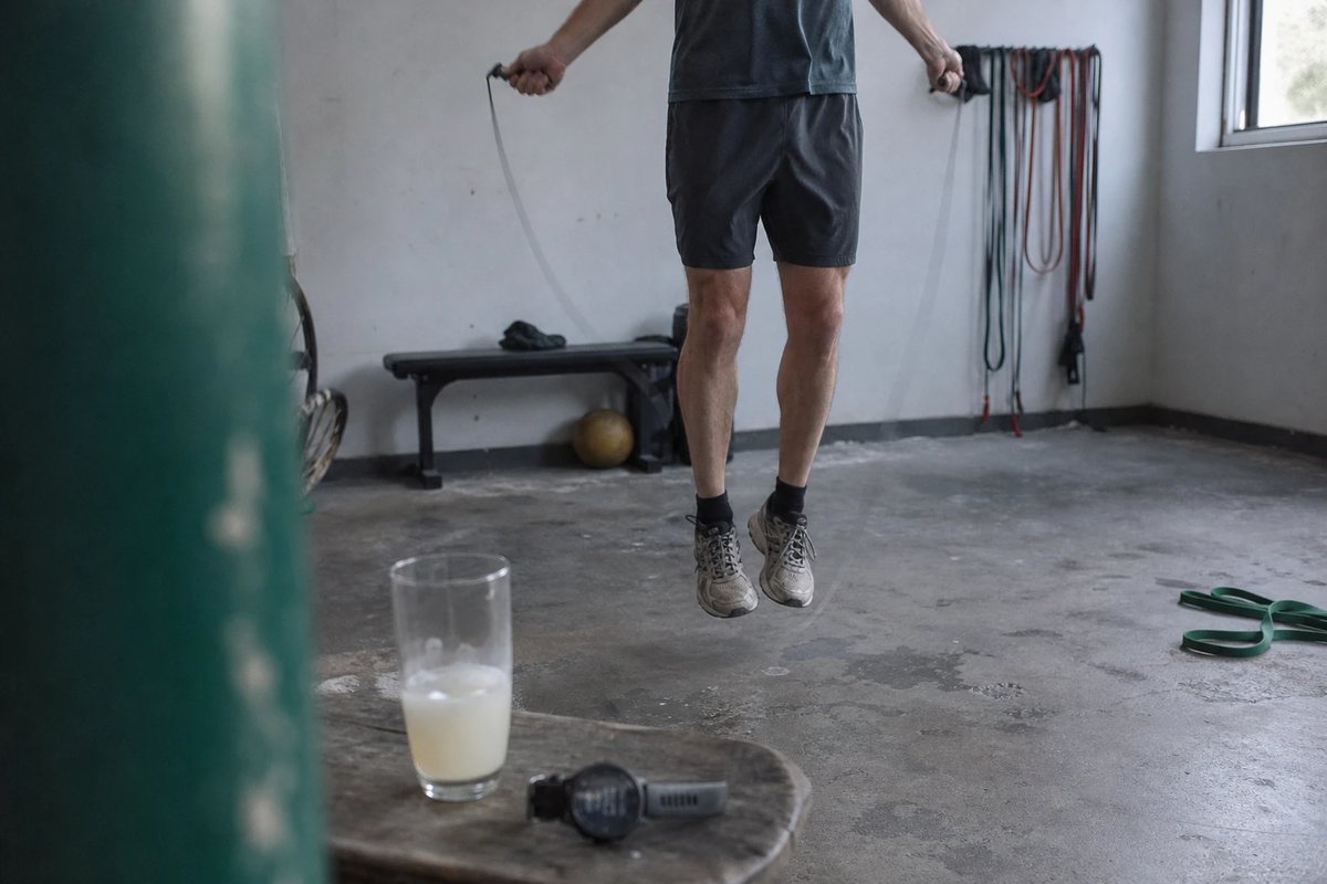 Sportler springt Seil auf einem Betonboden in einem schlichten Heimstudio, davor auf einer Bank ein Glas mit hellem Kollagengetränk und eine Sportuhr
