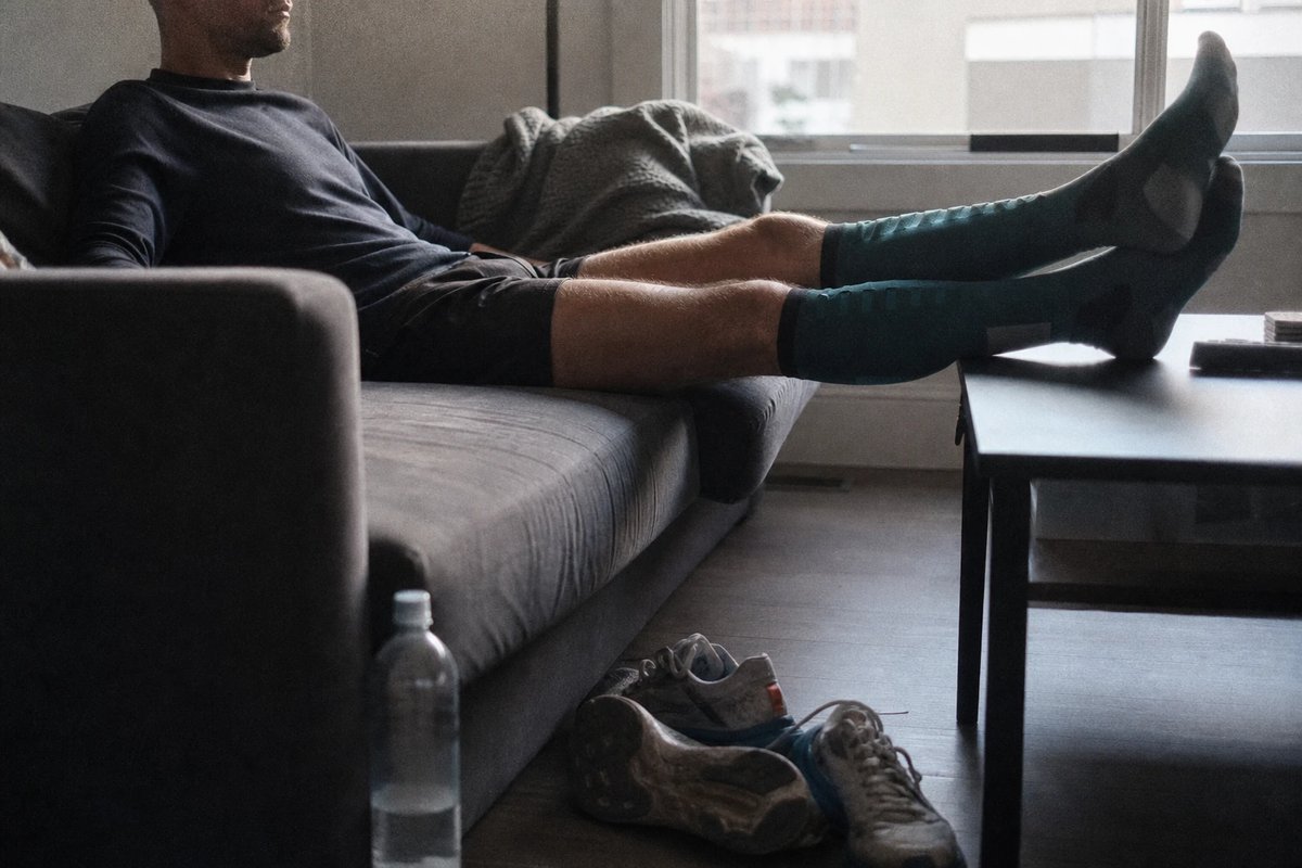 Läufer nach einem langen Lauf auf dem Sofa zurückgelehnt, beide Beine in kniehohen Kompressionssocken auf einem niedrigen Tisch hochgelegt, abgestreifte Laufschuhe und eine halbleere Wasserflasche daneben