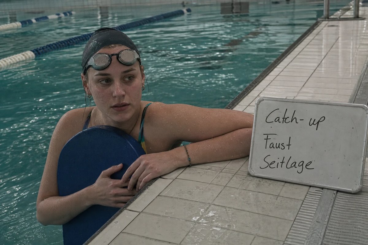Schwimmerin am Beckenrand zwischen zwei Drills, ein Arm auf dem nassen Fliesenrand abgelegt, beschlagene Brille auf der Stirn, daneben eine kleine Tafel mit den handschriftlichen Drill-Namen Catch-up, Faust und Seitlage