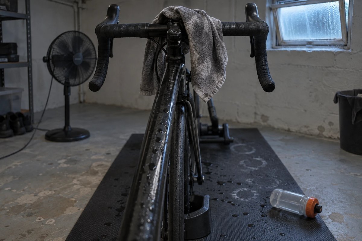 Rennrad auf dem Rollentrainer in einem Kellerraum nach dem Training, ein Handtuch hängt über dem Vorbau, Schweißtropfen auf Oberrohr und Matte, im Hintergrund ein Standventilator und ein beschlagenes Kellerfenster