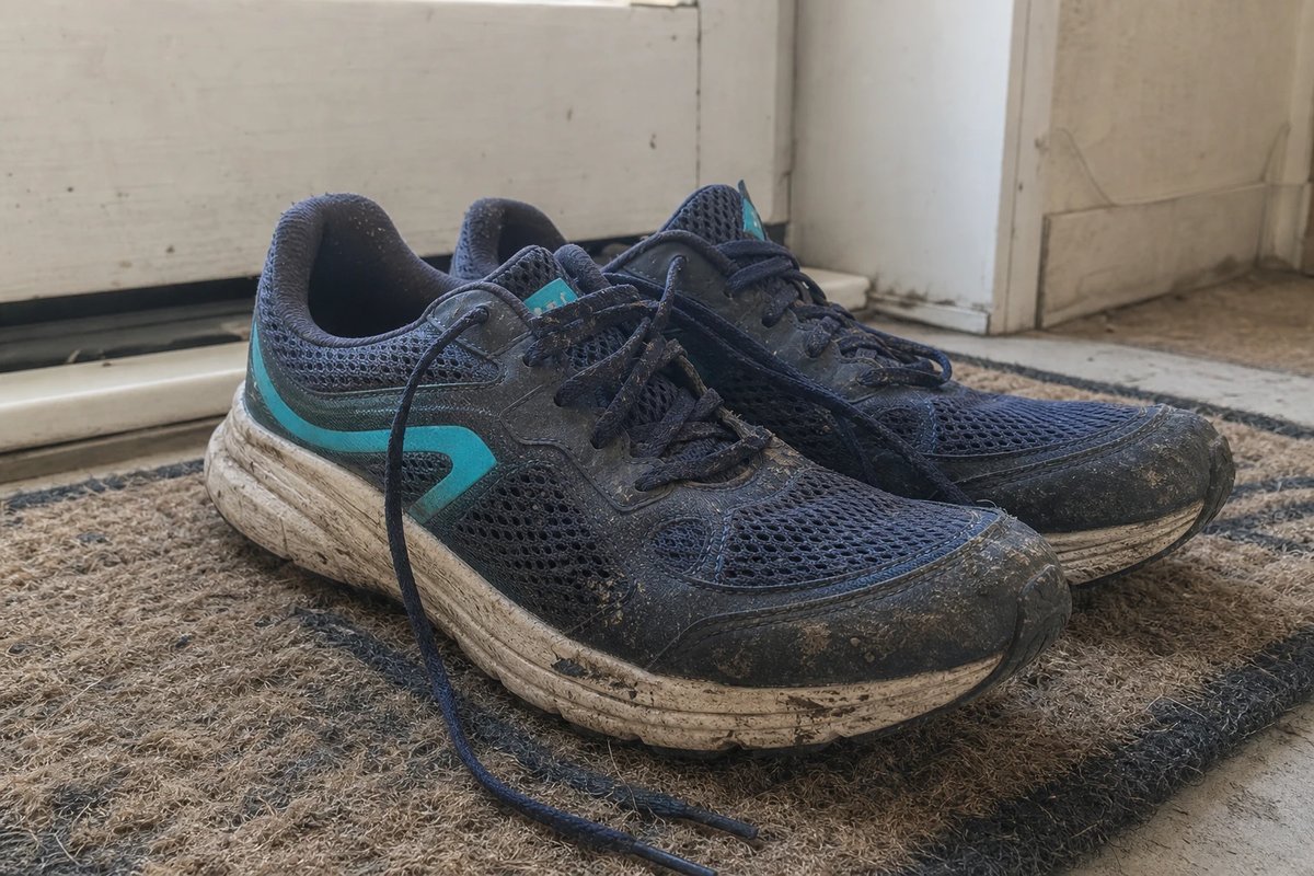 Ein Paar gut gedämpfter, stabiler Laufschuhe mit dicker Sohle trocknet leicht verschmutzt nach einem Lauf auf einer Fußmatte