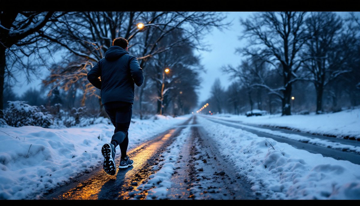 Läufer von hinten auf einem schneebedeckten Parkweg in der blauen Dämmerung, Trailschuhe mit grobem Profil greifen den festen Schnee, ein Reflektorstreifen an der Jacke glänzt im Licht der Straßenlaternen