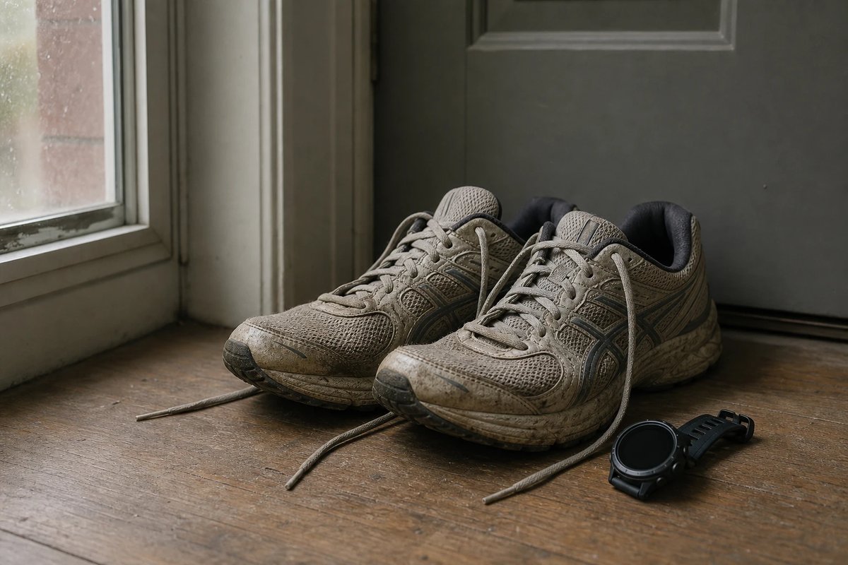 Ein Paar getragene Laufschuhe und eine GPS-Uhr mit dunklem Display stehen an einem Ruhetag neben der Wohnungstür auf dem Holzboden