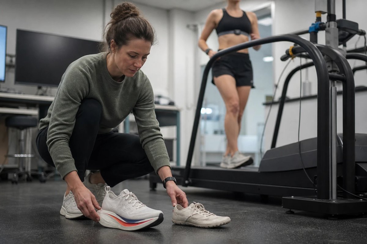 Sportwissenschaftlerin kniet im Labor und vergleicht zwei Laufschuhe, einen hoch gedämpften Carbon-Rennschuh und einen flacheren Trainer, im Hintergrund eine Läuferin mit Brustgurt-Sensor auf dem Laufband