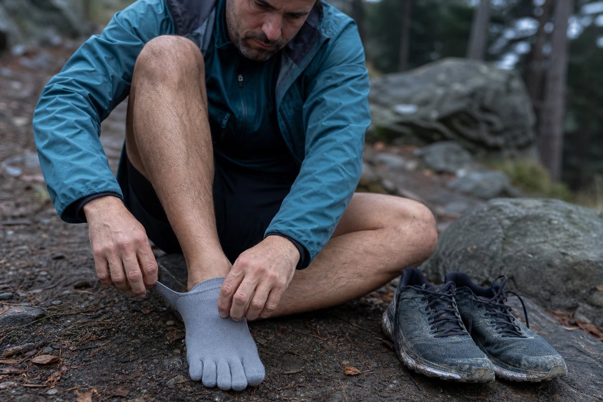Läufer sitzt an einem Trailhead und zieht sich eine graue Zehensocke an, bei der jeder Zeh einzeln umhüllt ist, daneben steht ein abgetragener Laufschuh