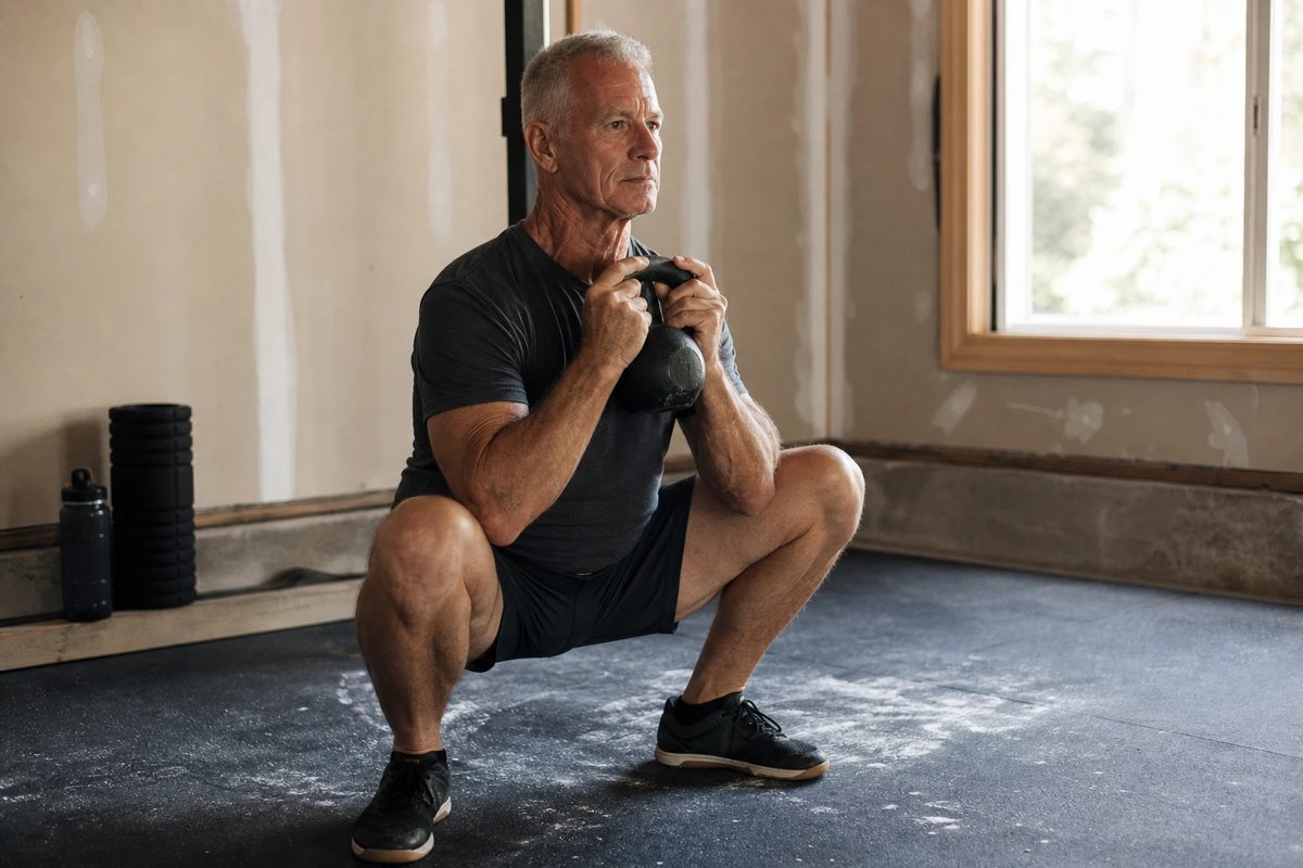 Älterer Athlet macht mit einer Kettlebell eine Goblet Squat in einem einfachen Garagengym