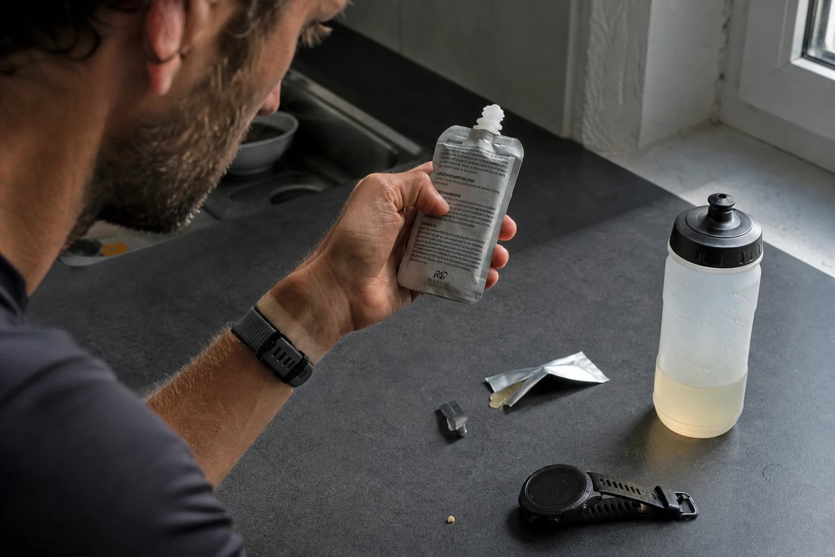 Hand eines Läufers hält ein Energiegel und liest im Küchenfensterlicht die Zutatenliste, daneben eine angerissene Gelpackung und eine halbleere Trinkflasche