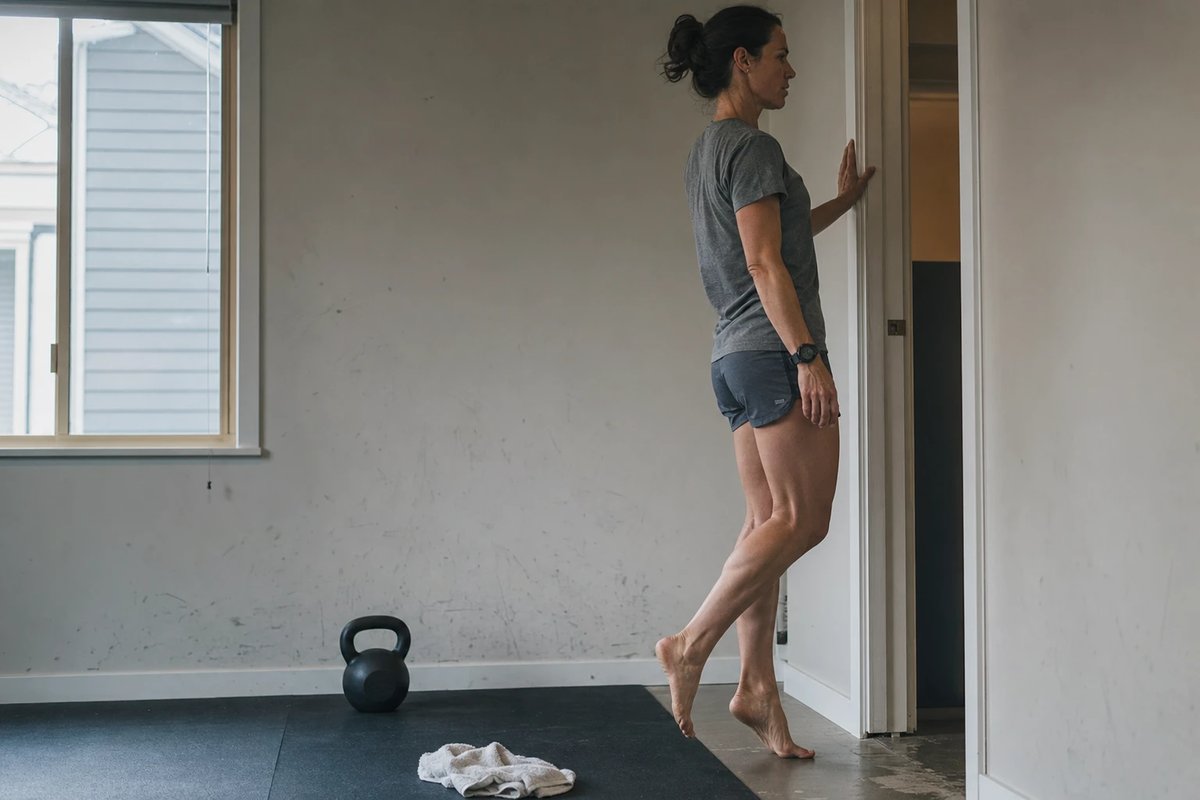 Ausdauersportlerin macht langsame einbeinige Wadenheben am Türrahmen in einer schlichten Trainingsecke, daneben eine Kettlebell und ein Handtuch