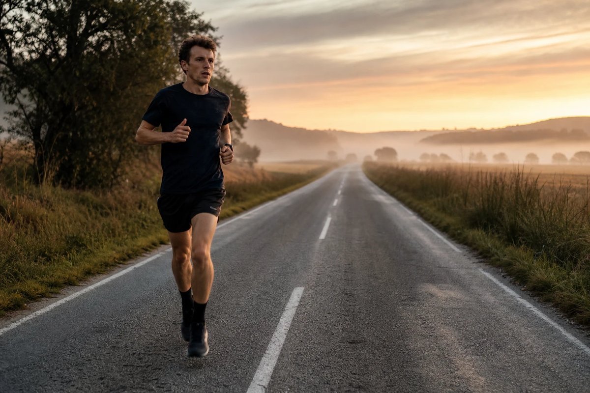 Läufer auf einem langen Dauerlauf auf einer leeren Landstraße im Morgennebel bei Sonnenaufgang