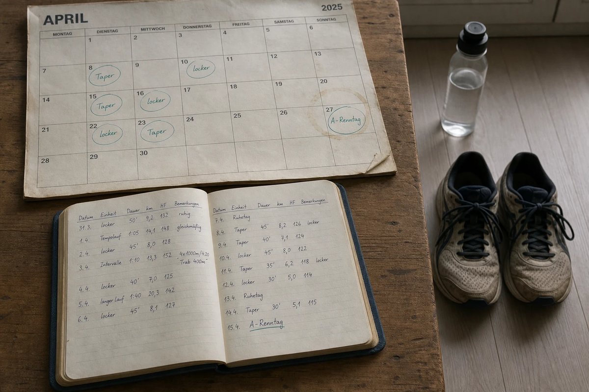 Wandkalender und Trainingstagebuch auf einem Holztisch in der Taper-Woche, einzelne Tage mit Notizen markiert, daneben gut eingelaufene Laufschuhe