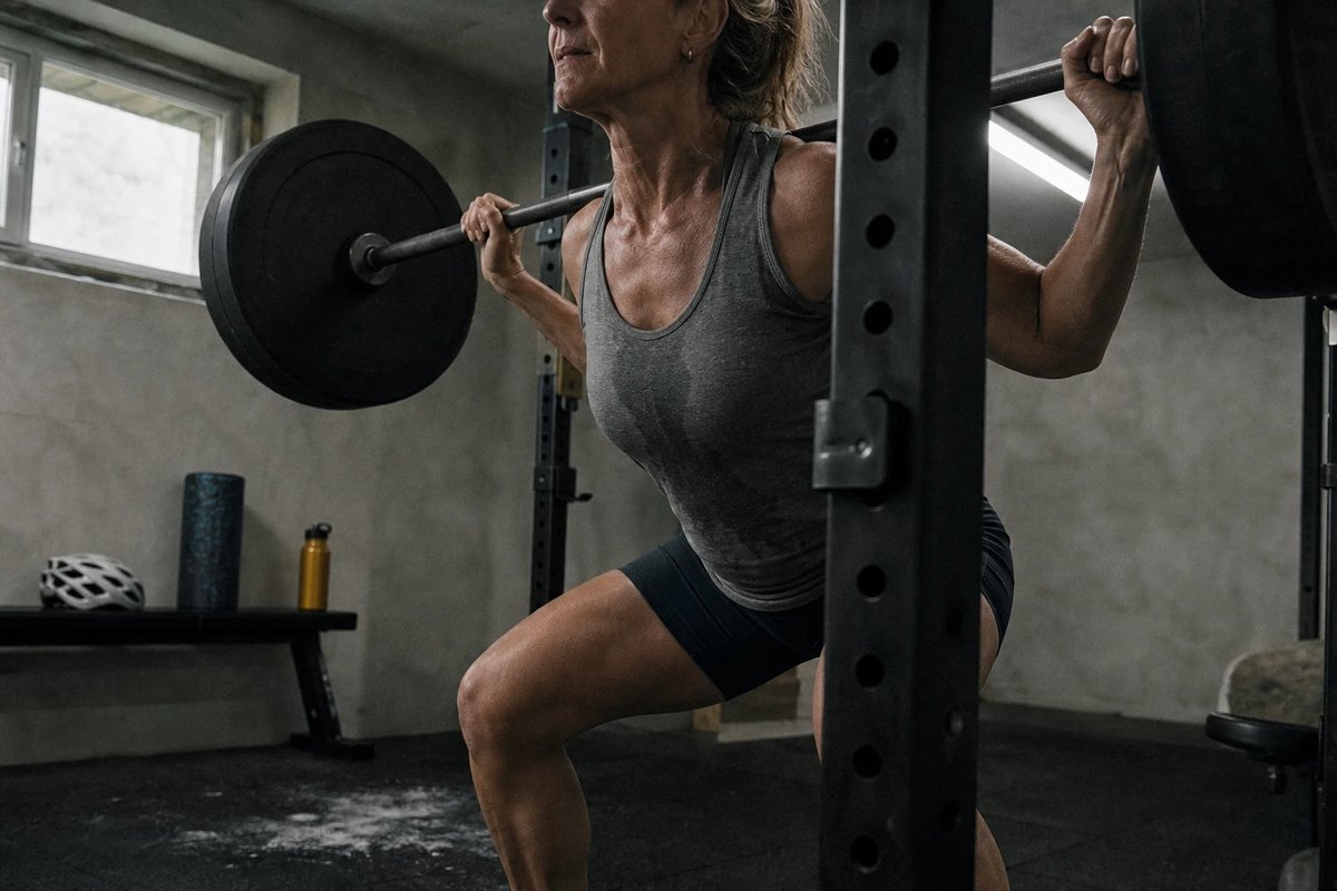 Fitte Frau um die fünfzig führt in einer schlichten Gym-Ecke eine schwere Langhantel-Kniebeuge aus, Beine angespannt, Hände fest an der Stange