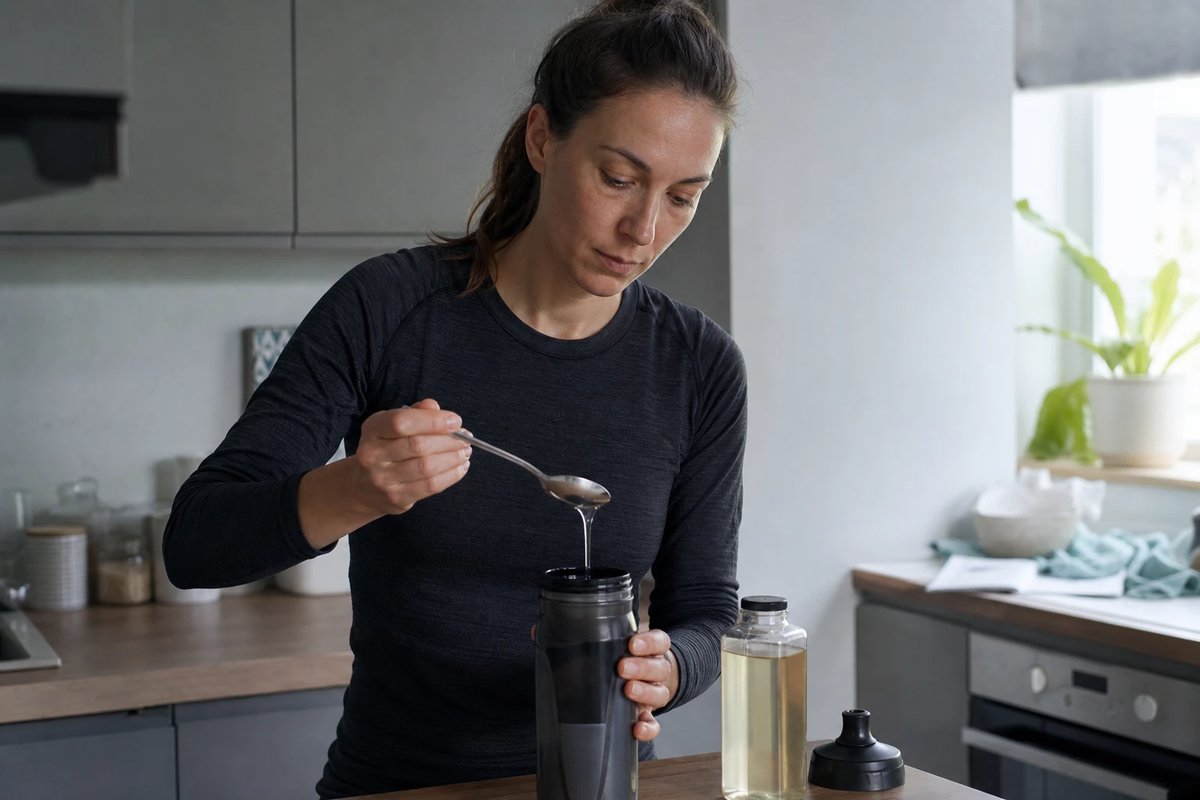 Ausdauersportlerin in schlichtem dunklem Trainingsshirt füllt in einer Küche mit einem Löffel vorsichtig etwas klares Öl in eine markenneutrale Trinkflasche, konzentrierter Blick nach unten