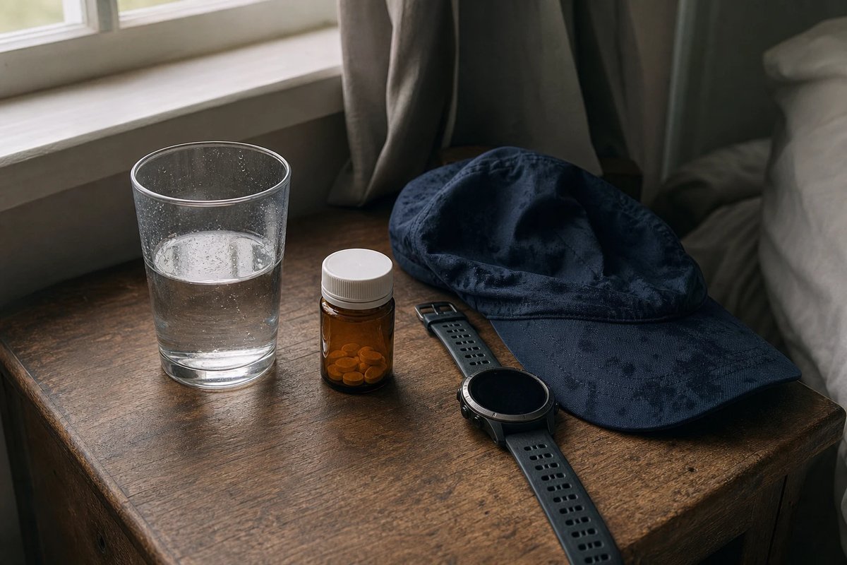 Ein Nachttisch am Morgen nach einem langen Lauf mit einem kleinen bernsteinfarbenen Fläschchen Melatonin-Tabletten, einem halb leeren Wasserglas, einer verschwitzten Laufmütze und einer GPS-Uhr mit dunklem Display