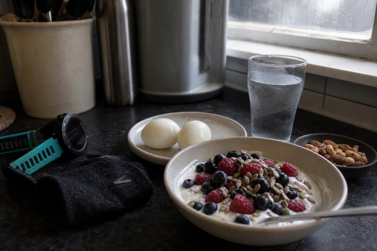 Kohlenhydrat- und proteinreiche Mahlzeit nach dem Training auf einer Küchenarbeitsplatte: eine Schale Joghurt mit Beeren und Saaten, zwei gekochte Eier, ein Glas Wasser und eine Handvoll Nüsse neben einer GPS-Uhr