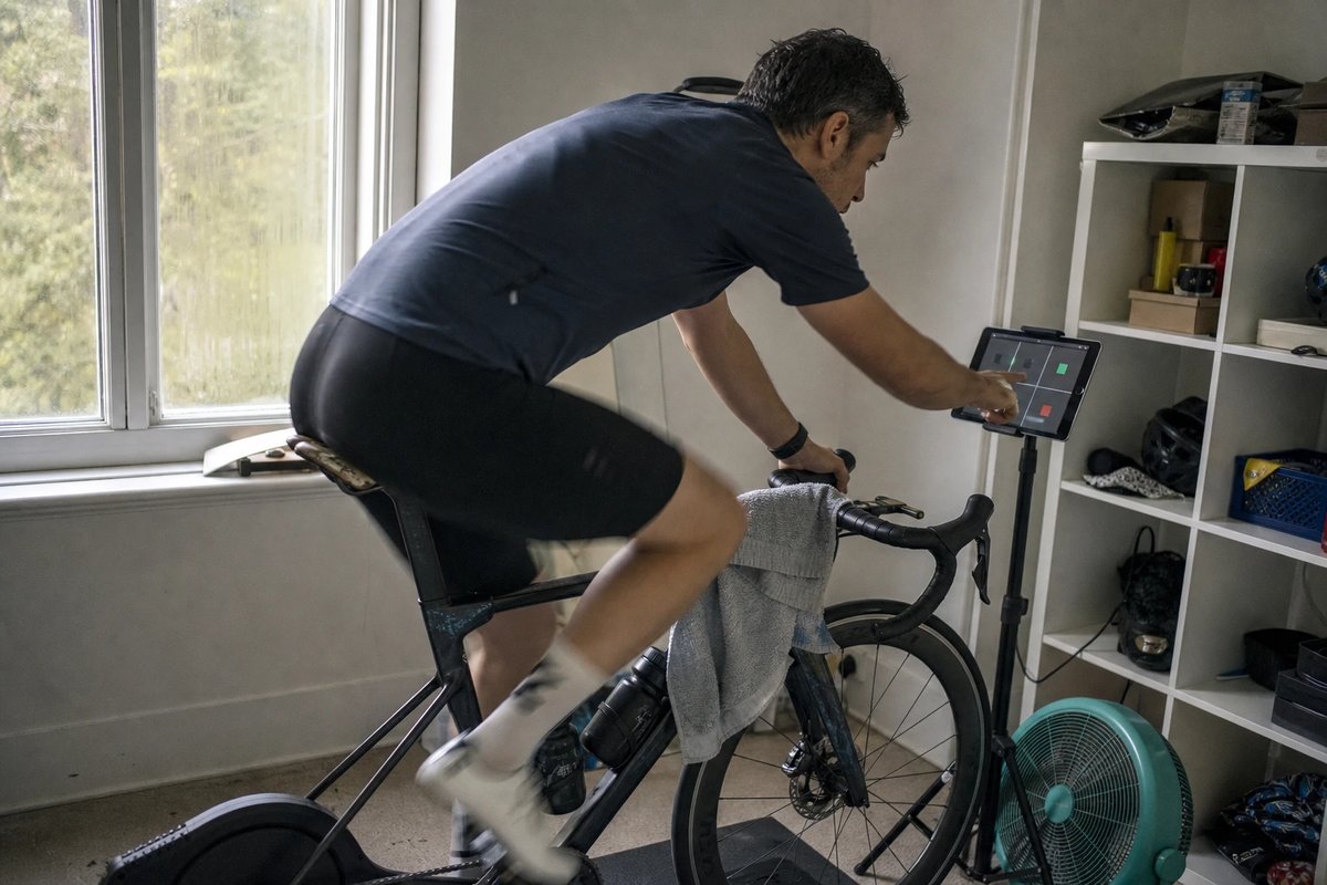 Radfahrer auf einem Smarttrainer in einem hellen Raum, konzentriert auf ein Tablet mit einer Reaktionsaufgabe, ein Schweißtuch über dem Oberrohr und ein Ventilator daneben