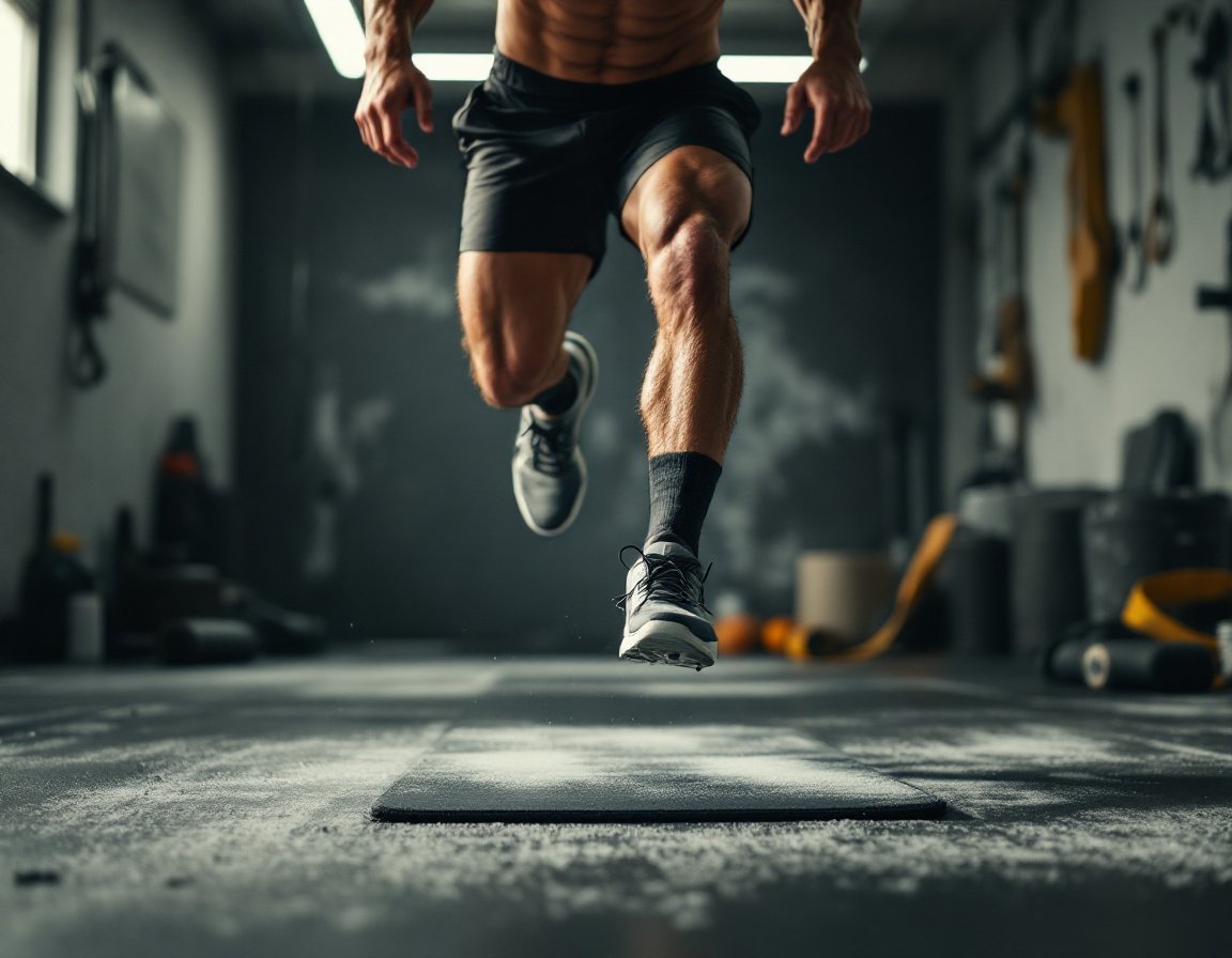 Athlet macht in einer Garagen-Trainingsecke einen einbeinigen Sprungtest, das Arbeitsbein klar belastet, der Körper in der Luft über der Trainingsmatte