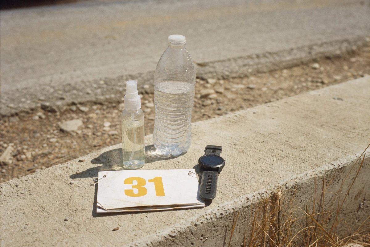 Eine kleine klare Sprühflasche mit Menthol-Lösung und eine Trinkflasche stehen neben einer Startnummer auf einer sonnigen Betonkante vor einem Rennen