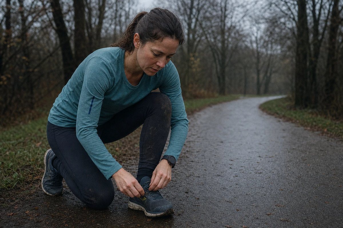 Läuferin kniet auf einem nassen Waldweg und lockert die Schnürung ihres Laufschuhs über dem Vorfuß, um mehr Platz zu schaffen