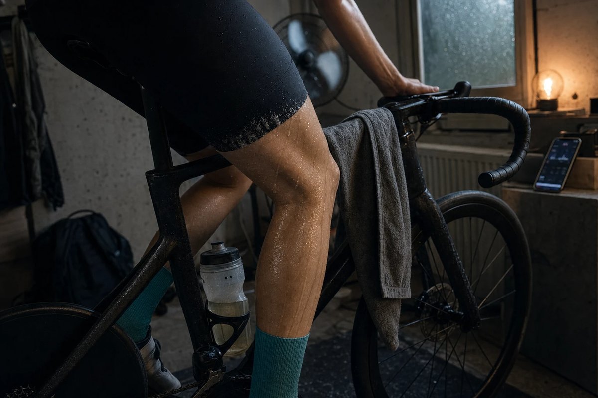 Nahaufnahme des arbeitenden Oberschenkels einer Radfahrerin bei einem harten Intervall auf dem Smarttrainer, Schweiß auf der Haut, Ventilator im Hintergrund
