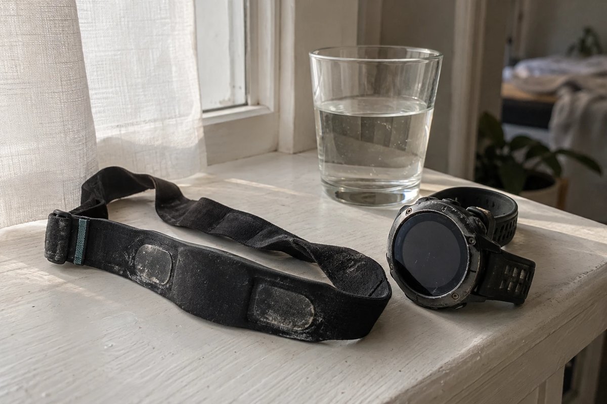 Abgenutzter Herzfrequenz-Brustgurt und zerkratzte GPS-Uhr nebeneinander auf einer hellen Fensterbank, daneben ein halbvolles Wasserglas im Morgenlicht