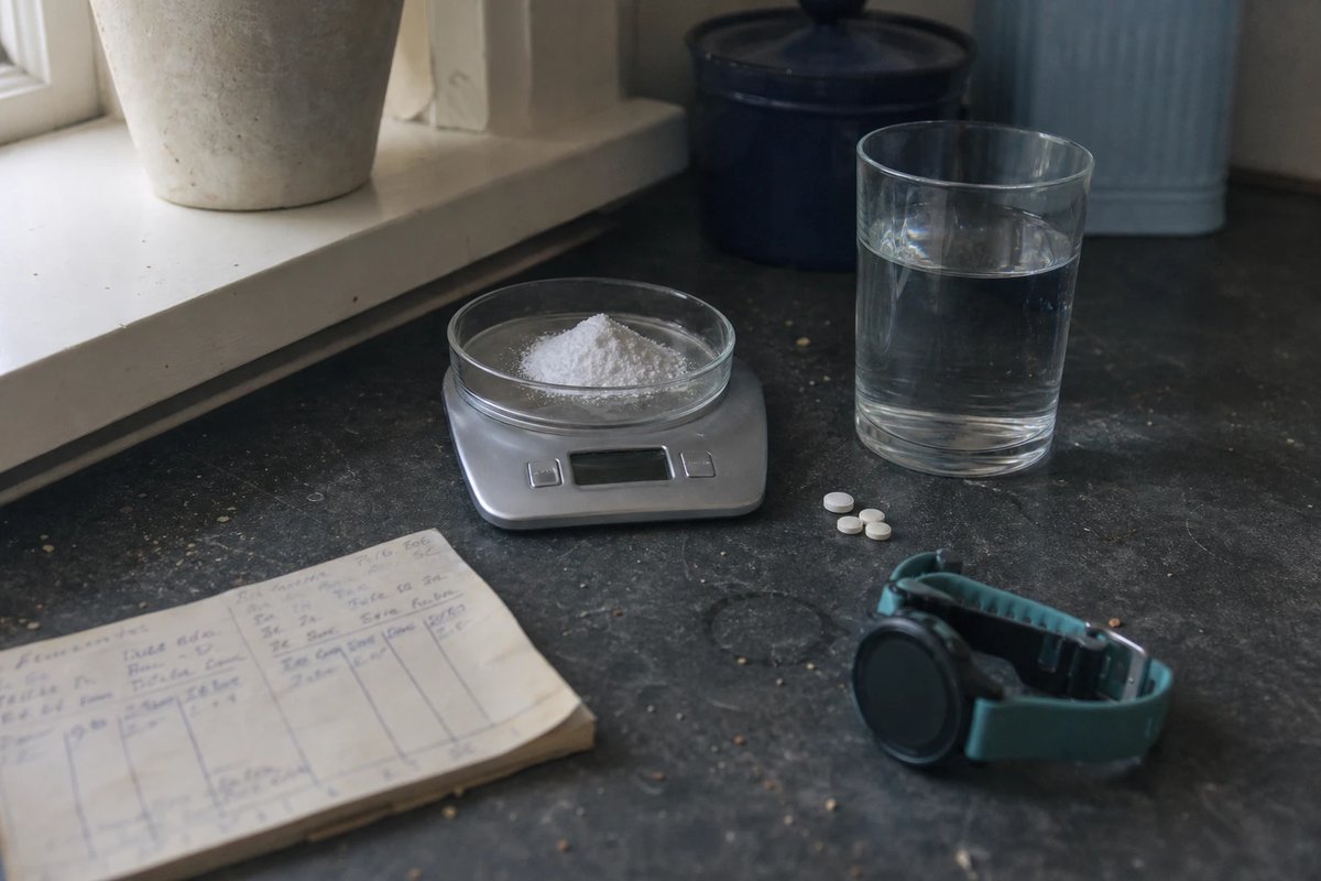 Küchenarbeitsplatte vor dem Training mit einer Küchenwaage und einem kleinen Häufchen weißem Pulver, einem Glas Wasser mit kleinen Tabletten und einer GPS-Uhr