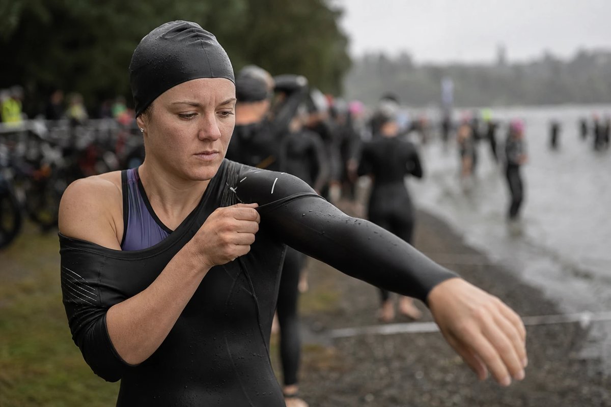 Triathletin am Seeufer vor dem Rennen zieht ihren schwarzen Neoprenanzug Stück für Stück über Unterarm und Schulter, Wechselzone mit Rädern und anderen Athleten unscharf im Hintergrund