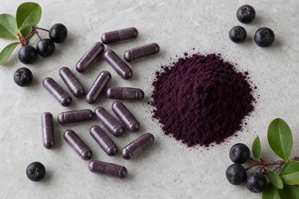 Markenneutrale dunkelviolette Beerenkapseln und ein Häufchen tiefviolettes Beerenpulver auf einer hellen Steinfläche, daneben einige frische dunkle Beeren, Aufsicht ohne Verpackung oder Etikett