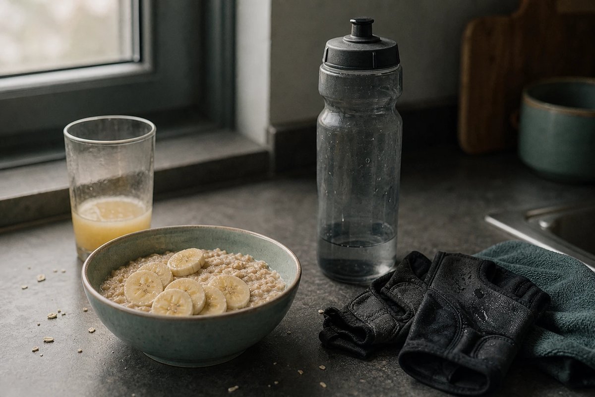 Küchentheke nach der nüchternen Morgeneinheit: eine Schale Haferflocken mit Banane, ein Glas Saft, die leere Trinkflasche und schweißfeuchte Radhandschuhe