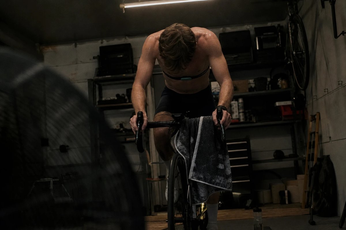 Ausdauerradfahrer auf einem Smarttrainer in einer abgedunkelten Garage während einer Intervalleinheit, mit einem Herzfrequenz-Brustgurt um die Brust und einem Radcomputer am Lenker