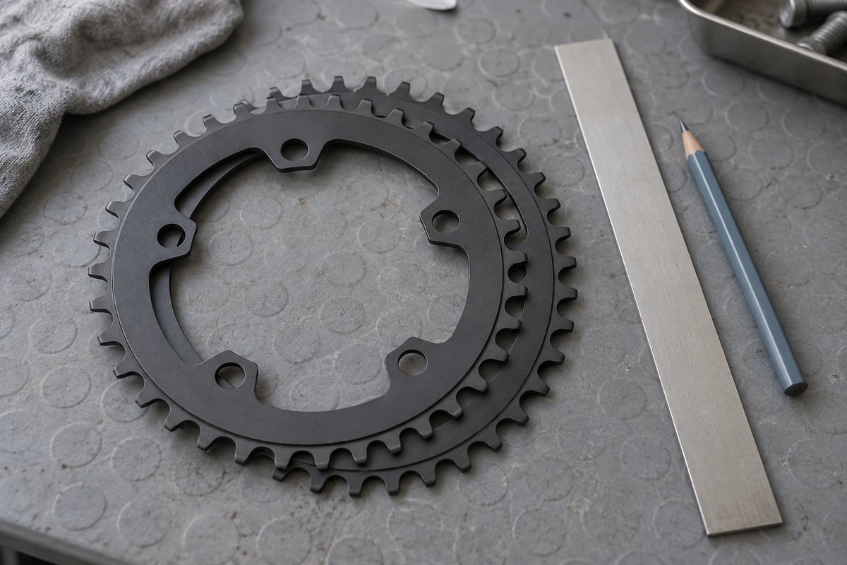 Ein rundes und ein ovales Kettenblatt aus mattgrauem Aluminium liegen leicht versetzt übereinander auf einer grauen Gummimatte, daneben ein Metalllineal und ein Bleistift