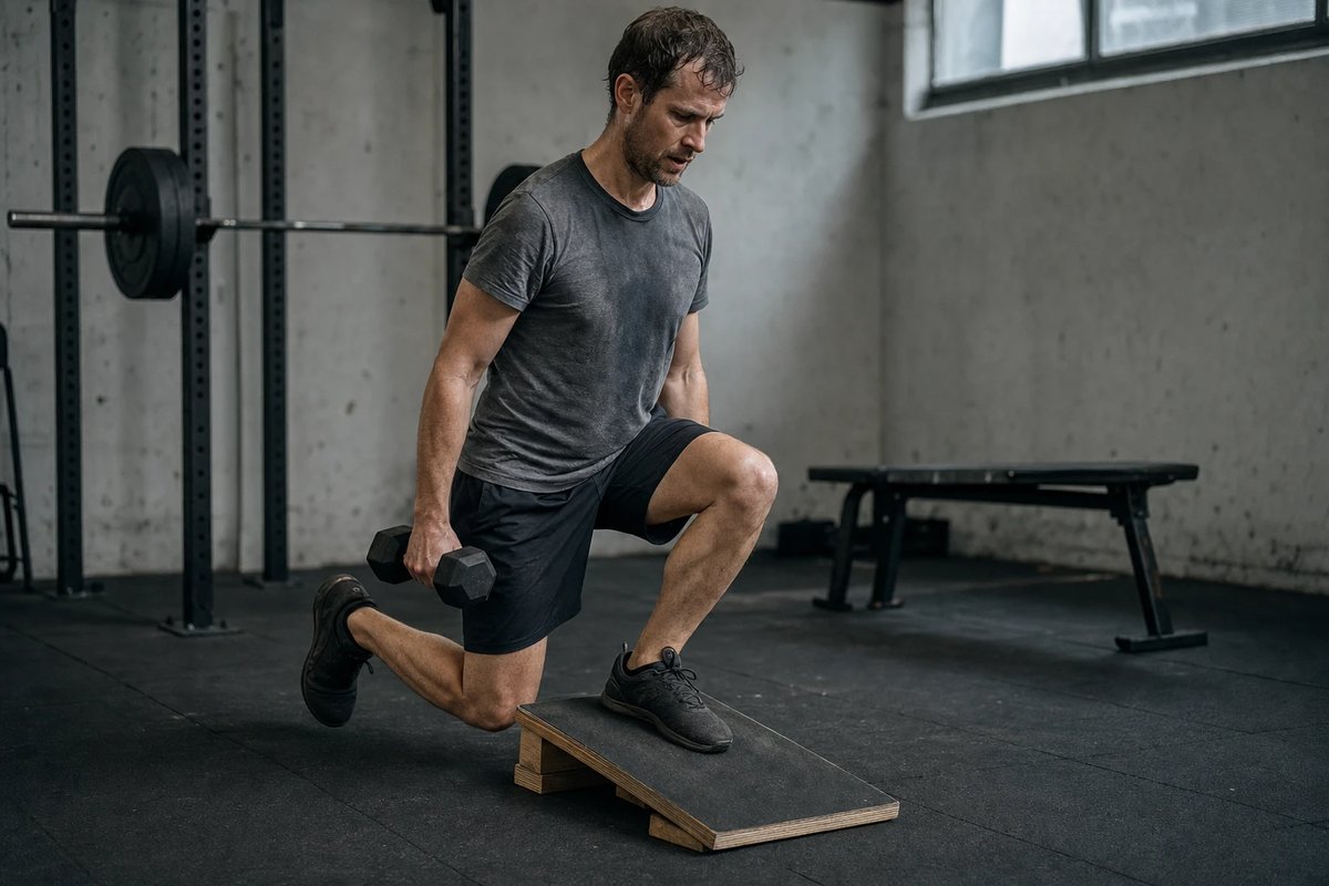 Sportler führt in einer schlichten Gym-Ecke eine langsame einbeinige Kniebeuge auf einem hölzernen Decline-Board aus