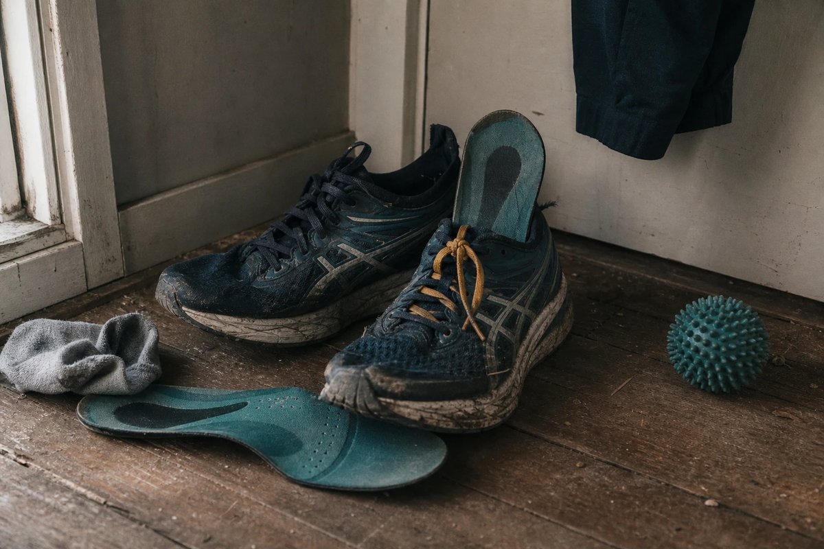 Ein Paar abgenutzte Laufschuhe an einer Tür mit einer herausgezogenen, das Längsgewölbe stützenden Einlage und einem kleinen Igelball daneben auf dem Holzboden