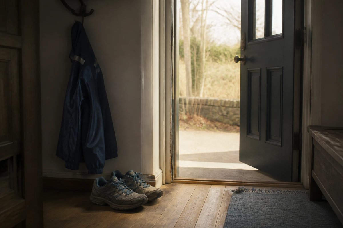 Ein gut gelaufenes Paar Laufschuhe steht im Morgenlicht neben der offenen Haustür, daneben eine leichte Jacke am Haken, als sanftes Zeichen für den ersten Schritt zurück ins Training
