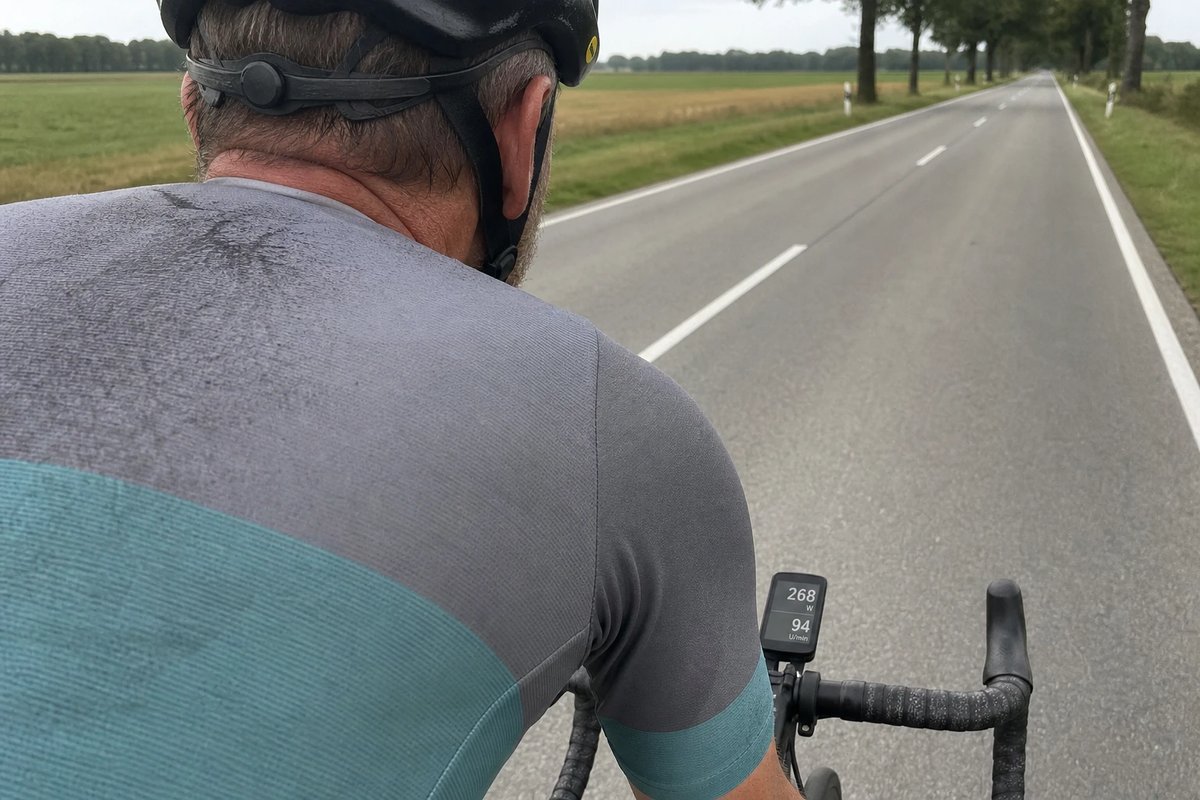 Über die Schulter eines Rennradfahrers fotografiert, der auf einer ruhigen flachen Landstraße fährt, ein vorbaumontierter Radcomputer zeigt ihm zugewandt 268 Watt und 94 Umdrehungen pro Minute an, grauer Himmel
