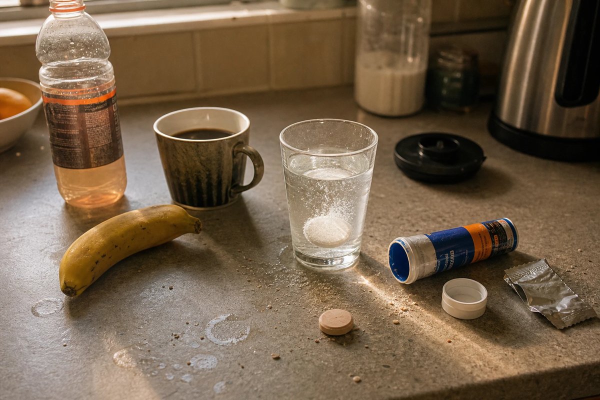 Küchentheke am Wettkampfmorgen mit Sportgetränk, schwarzem Kaffee, einer Banane und einer Elektrolyt-Tablette, die sich im Wasserglas auflöst