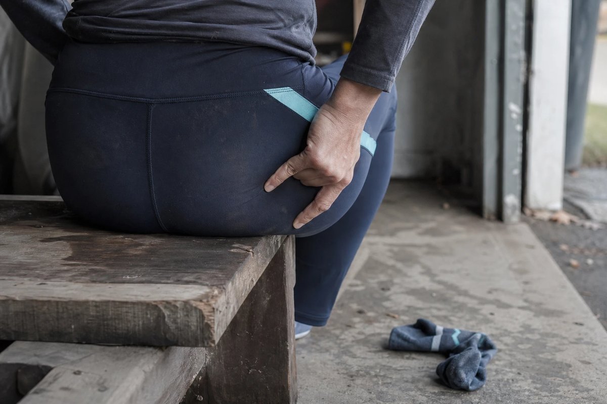 Läuferin sitzt auf der harten Kante einer Holzbank und drückt mit einer Fingerspitze gezielt in das tiefe untere Gesäß über dem Sitzbein, um den genauen Schmerzpunkt zu finden