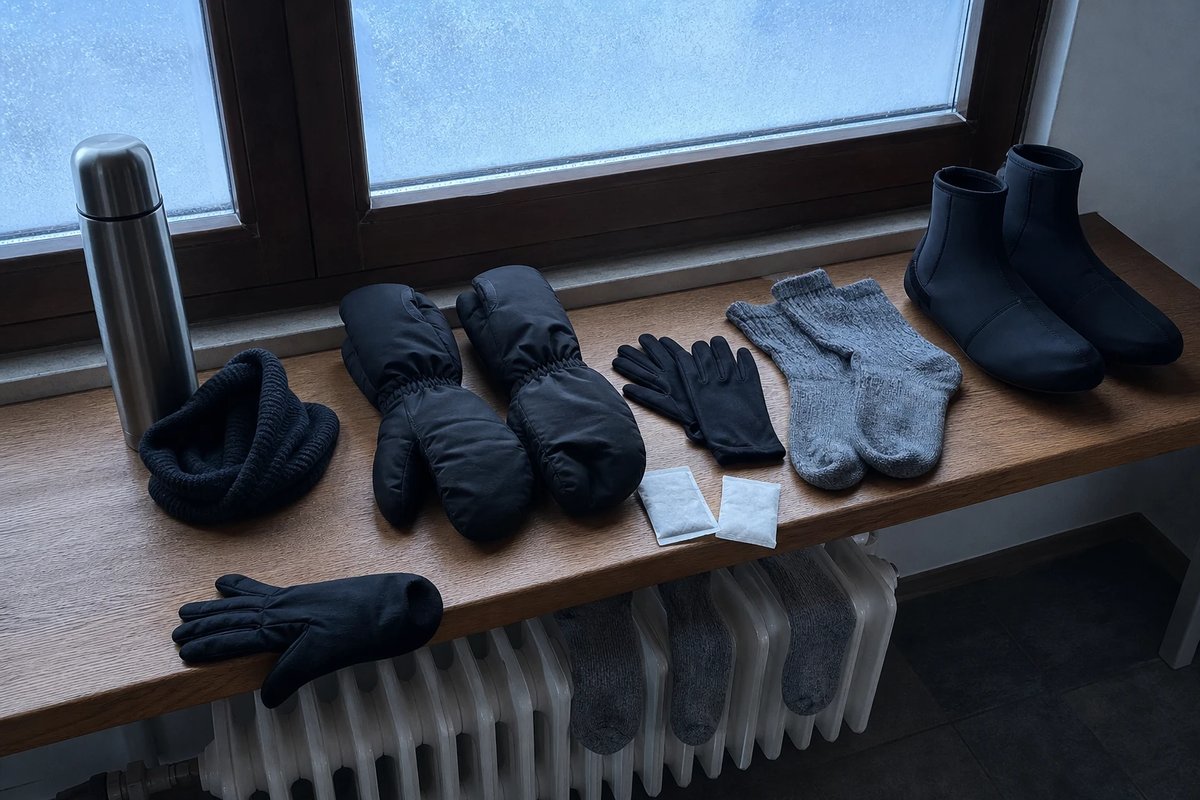 Winterausrüstung auf einer Fensterbank über der Heizung: Thermoskanne, Halstuch, gefütterte Fäustlinge, dünne Unterziehhandschuhe, zwei Wärmepads, Wollsocken und Neopren-Überschuhe