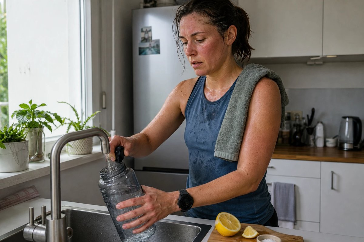 Läuferin füllt nach einer schweißtreibenden Einheit am Küchenspülbecken eine große Trinkflasche, ein Handtuch über der Schulter, daneben eine aufgeschnittene Zitrone und eine Prise Salz auf der Arbeitsplatte