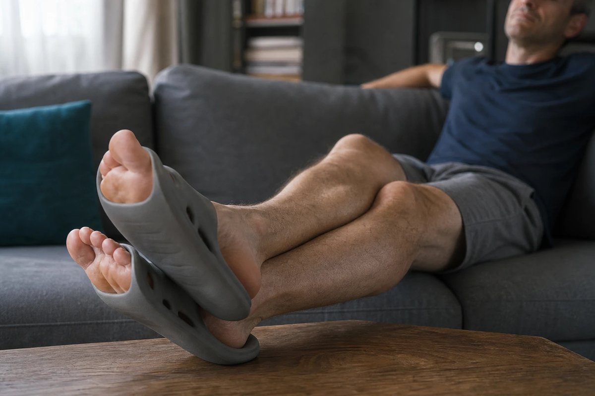 Läufer sitzt nach dem Training entspannt auf dem Sofa, die Beine auf einem niedrigen Tisch, die Füße stecken in dicken grauen Recovery-Slides mit geschaltem Fußbett