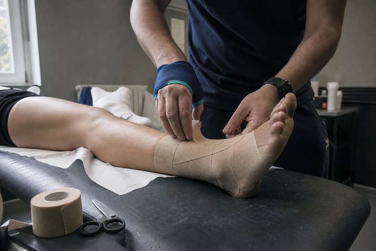 Ein Physiotherapeut tapt mit beigem Kinesiotape das untere Schienbein und Sprunggelenk eines Läufers auf einer Behandlungsliege in einem ruhigen Praxisraum