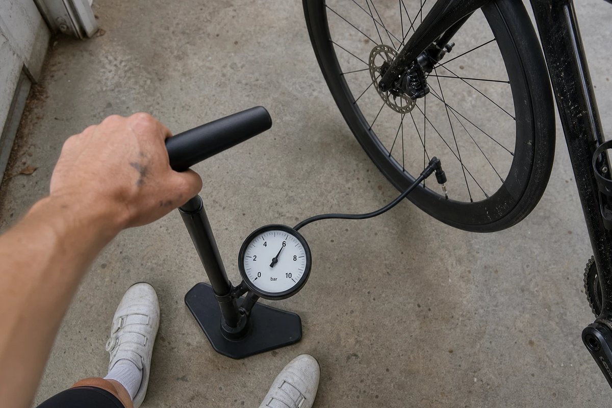 Radsportler stellt in einer Garage mit einer Standpumpe den Reifendruck am Vorderrad seines Rennrads ein; die runde Druckanzeige der Pumpe ist gut ablesbar