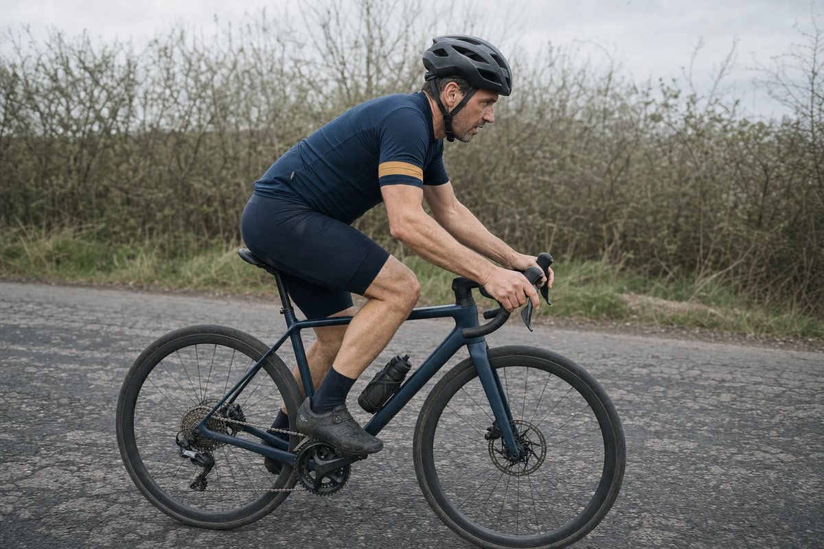 Rennradfahrer mit geschlossenem Helm fährt auf grobem, geflicktem Asphalt, breite Reifen auf rauem Belag