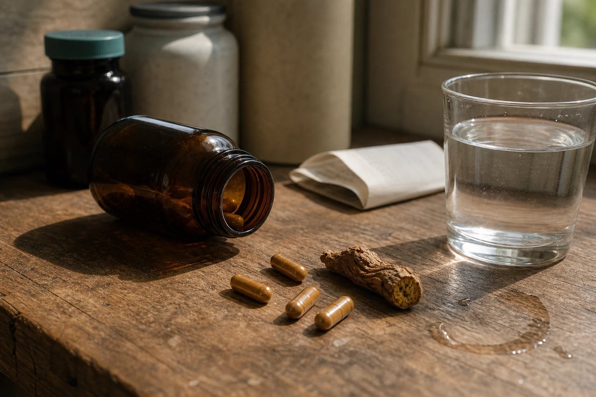 Ein offenes Braunglas mit goldbraunen Wurzelextrakt-Kapseln, ein Stück getrocknete Rhodiola-Wurzel und ein Glas Wasser auf einem Holztisch