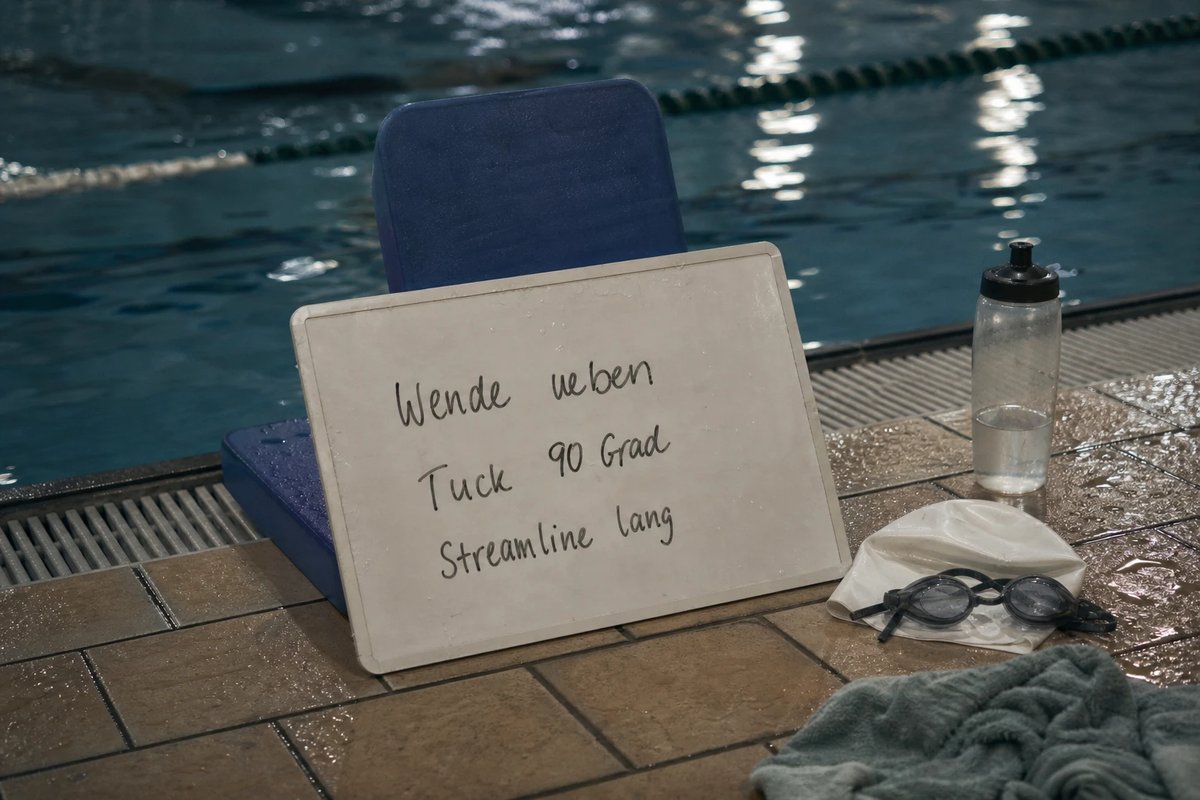 Kleine Tafel am Beckenrand mit handschriftlichen Trainingsnotizen Wende ueben, Tuck 90 Grad und Streamline lang, daneben eine beschlagene Schwimmbrille, eine Badekappe und eine Trinkflasche auf den nassen Fliesen